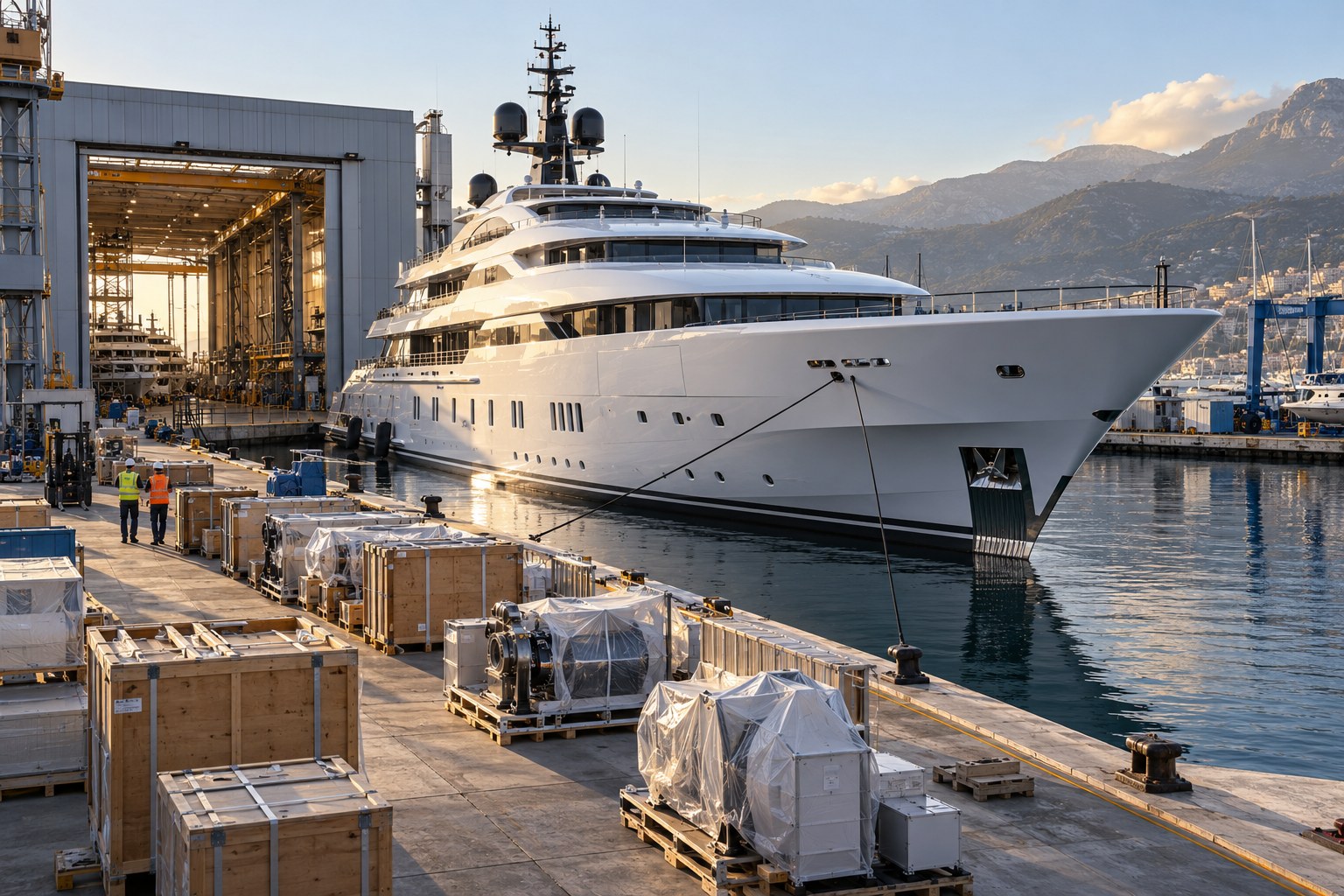 Superyacht alongside a shipyard quay with packed components: AI-generated illustrative image.